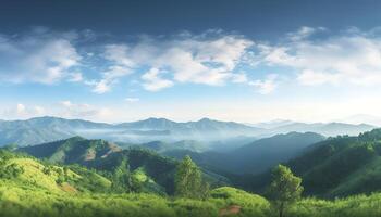 World environment day concept, Green mountains and beautiful blue sky clouds photo