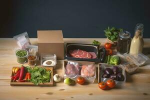 Box with packed meat and vegetables on kitchen background. Food delivery services during the coronavirus pandemic and social distancing. Shopping online. Dinner delivery service, generate ai photo