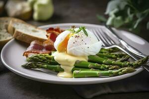 Benedict poached Duck egg with crispy bacon and fried asparagus on toasts for breakfast, generate ai photo