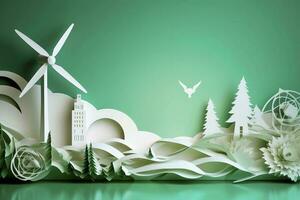 Paper art, renewable energy with green energy such as wind turbines, Renewable energy by 2050 Carbon neutral energy, Energy consumption, and CO2, Reduce CO2 emission concept, generate ai photo