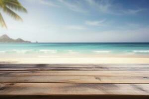 Empty wooden table on a beautiful blured tropical beach background. Summer holiday background for product display, generate ai photo