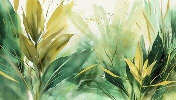 Tropical foliage watercolor background vector. Summer botanical design with gold line art, palm leaves, green watercolor texture. Luxury tropical illustration for banner, generate ai photo