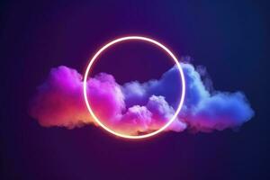 3d render, abstract cloud illuminated with neon light ring on dark night sky. Glowing geometric shape, round frame, generate ai photo