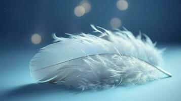 a bright blue background with one white feather, in the style of soft and dreamy pastels, glimmering light effects, nature inspired imagery, fairycore, soft focal points, generate ai photo