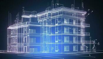 edificio diseño concepto. Ingenieria de el autónomo sistema de un inteligente edificio. redacción de comunicaciones de casa. proyecto desarrollo de Departamento casa. arquitectónico dibujo, generar ai foto