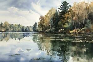 hermosa acuarela otoño paisaje con lozano vistoso otoñal arboles en el apuntalar de calma bosque lago o estanque a soleado otoño día. digital Arte pintura desde mi propio 3d representación archivo , generar ai foto