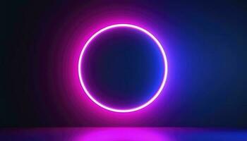 3d render, blue pink neon round frame, circle, ring shape, empty space, ultraviolet light, 80s retro style, fashion show stage, abstract background, generate ai photo