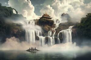 Floating island above the clouds landscape illustration, generate ai photo