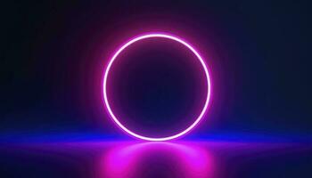 3d render, blue pink neon round frame, circle, ring shape, empty space, ultraviolet light, 80s retro style, fashion show stage, abstract background, generate ai photo