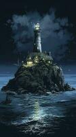 Lighthouse on a rock in stormy weather, generate ai photo