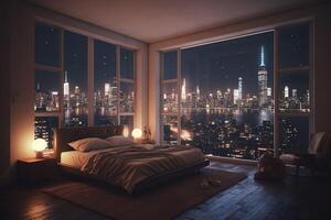 illustration of luxury penthouse bedroom at night photo