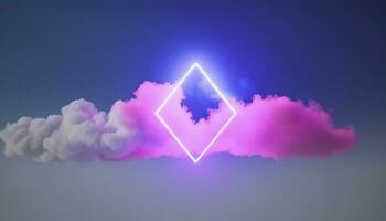 3d render, abstract minimal background with pink blue yellow neon light square frame with copy space, illuminated stormy clouds, glowing geometric shape, generate ai photo