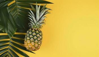 Top view of fresh pineapple with tropical leaves on yellow background , generate ai photo