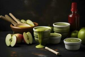 Sauces, apple and green measuring tape on grunge background. Diet concept, generate ai photo