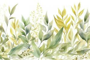 Watercolor seamless border - illustration with green gold leaves and branches, for wedding stationary, greetings, wallpapers, fashion, backgrounds , generate ai photo