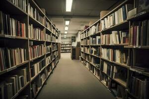 Library stacks of books and bookshelf. 3d illustration, generate ai photo