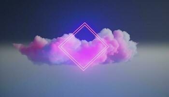 3d render, abstract minimal background with pink blue yellow neon light square frame with copy space, illuminated stormy clouds, glowing geometric shape, generate ai photo