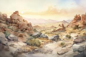 watercolor digital painting of a sunrise in the desert of a mystical planet, pastel colors with clouds and rocks, photo