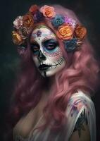 día de el muerto calaveras dia Delaware los muertos. día de el muerto y mexicano Víspera de Todos los Santos antecedentes. mexicano tradicion festival. día de el muerto azúcar cráneo. dia Delaware los muertos, generar ai foto