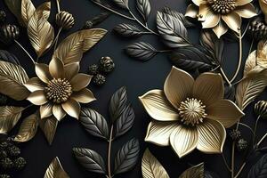 3d mural floral wallpaper. golden and black flowers and leaves. 3d render background wall decor, generate ai photo