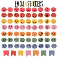 A set of round stickers with different colored emotions. Different colorful characters. Cartoon, flat style. Fashionable vector illustration of a hand-drawn face to indicate emotions