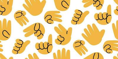 A pattern of signs with the hands of counting up to five. Repeated curved fingers like numbers. Round yellow cartoon hands with a contour on a white background. Children's hand, training. Printing vector