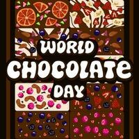 Vector illustration for the World Chocolate Day. The inscription on the background of different types of handmade chocolate. July 11. An idea for a poster, banner, leaflet, postcard. Promotional