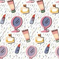 A pattern of cute little stickers with stylish illustrations of beauty details. Seamless background with fashionable cozy elements. Ideal for printing on textiles and paper. Decoration for the store vector