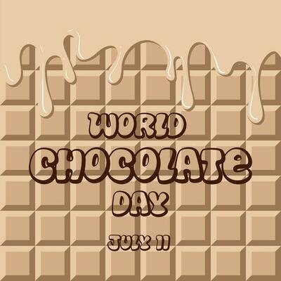 Vector hand-drawn illustration of white, milk chocolate with smudges for World Chocolate Day. The inscription World Chocolate Day is July 11. An idea for a poster, a postcard.