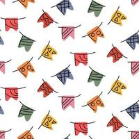 A pattern of colored square flags with a contour for the holiday. Scattered flags for a festive background. The flags from the garland scattered on the white. Printing on paper, birthday packaging vector