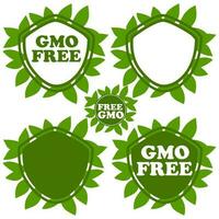 A set of non-GMO green vector emblems with and without an inscription. A shield with branches and leaves, a sign of natural products. Sticker for products grown without chemical additives. Label