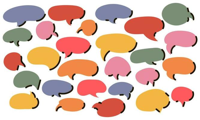 A set of speech bubbles of different colors and shapes with a black glare. A set of balloons for inscriptions. A set of flat lamps in the style of dialogue, conversation, used in cartoons and comics