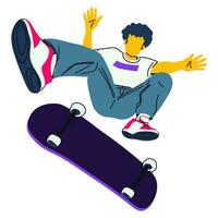 Illustration of a guy with a skateboard performing a skateboard jump on a white background. Skateboard tricks, skating, jumping on a special platform. Wooden ramp. Active youth in bright juicy colors vector