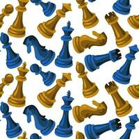 Seamless pattern with chess pieces on a white background. Sports background, hand-drawn in a children's style. Blue-yellow vector illustration for the design of sports chess projects. Printing paper