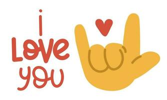 Banner with an illustration of a large cartoon hand, which depicts the sign I love you. Palm with open fingers thumb, index and little finger, the sign I love you. Inspiring, supportive banner. love vector