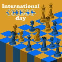 internacional ajedrez día con un tablero de ajedrez y ajedrez piezas. un juego de azul y amarillo ajedrez. vector ilustración de un ajedrez tablero en el juego. de colores opositores bandera impresión, postales en un cuadrado