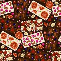 A pattern of dark and white chocolate tiles with decorative fruits and berries. Chocolate bars with handmade decor. Seamless for printing on textiles and paper. Gift wrapping. World Chocolate Day vector