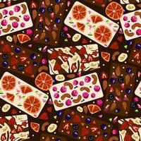 A pattern of dark and white chocolate tiles with decorative fruits and berries. Chocolate bars with handmade decor. Seamless for printing on textiles and paper. Gift wrapping. World Chocolate Day vector