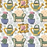 A pattern of cute little stickers with stylish illustrations and details of a cozy interior. Seamless background with fashionable cozy elements. Ideal for printing on textiles and paper. Decoration vector