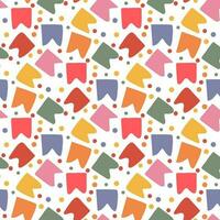 A pattern of colored square flags for the holiday with confetti circles. Scattered flags for a festive background. The flags from the garland scattered on the white. Printing birthday packaging vector