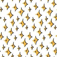 A pattern of cute little cartoon yellow stars with a contour on a white background. Seamless background with cheerful glowing stars. Ideal for printing on textiles and paper. Holiday Packaging vector