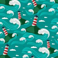 A pattern with lighthouses on an island surrounded by large waves in cartoon style scattered in the sea. Vector graphic illustration of the lighthouse and the ocean. Seamless pattern for printing