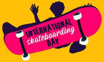 Poster of the International Skateboarding Day. The silhouette of a guy with a skateboard makes a jump on a yellow background. Skateboard tricks, board riding, jumping. Skateboard on June 21 horizontal vector