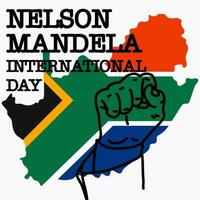 Nelson Mandela International Day. Stock vector illustration. Contour drawing with a raised hand in a fist against the background of the flag and the outline of South Africa. Rights, strength, victory