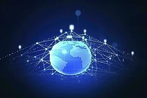 Global network on Earth concept. 3D rendering, World map point. Big data analytics and business concept, world map point and line composition concept of global business, generate ai photo