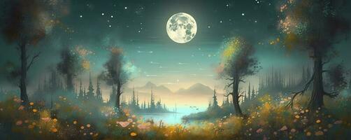 night landscape environment harvest moon over a glittering lake lush vegetation birchwood trees, flowers, magical galaxy. 3d drawing digital art, generate ai photo