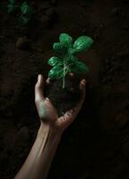 un niño participación un planta en su manos con un verde antecedentes y luz de sol brillante mediante el hojas en el planta, generar ai foto