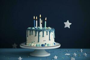 White birthday drip cake with teal ganache, star toppers and fun candles over dark blue background, generate ai photo