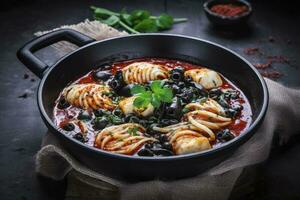 Traditional Italian spaghetti al nero di seppia with squid ink in tomato sauce served as close-up in a cast-iron pan on a wooden board, generate ai photo