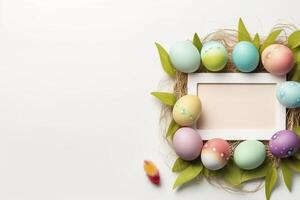 Colorful Easter Eggs with white frame copy space , photo